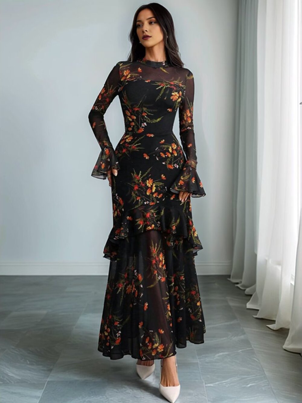 GothDark Floral Sheer Mesh Bell Sleeve Tiered Ruffle Maxi Dress 2X
